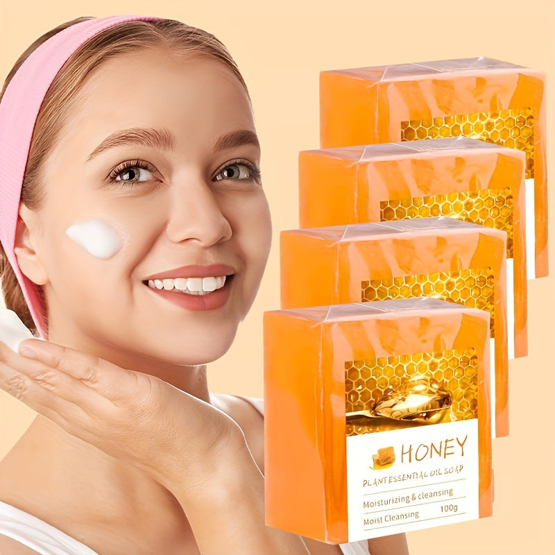 4pcs*100g Honey Essential Oil Handmade Soap Deep Cleaning and Moisturizing, Rich Foam, Suitable for Men and Women, Free Foam Net